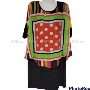 𝅺BLACK Dress, StretchyBlack Dress with Colorful Print Overlay - One Size